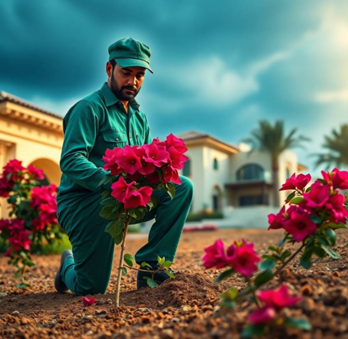 mature date palms visible behind him, bright natural morning sunlight, professional landscaping advertisement photography, full-frame DSLR, 85mm lens, realistic depth of field, natural shadows, true-to-life colors, ultra-photorealistic, no cartoon, no CGI, no illustration, no distorted anatomy, no extra fingers, no artificial AI appearance.