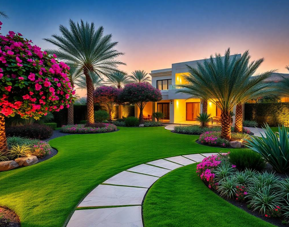 l gardening gloves and a compact hand trowel, natural standing posture, focused expression, realistic Pakistani facial features, authentic skin pores, anatomically correct hands with exactly five fingers, detailed uniform stitching, realistic gardening equipment, rich soil texture, vibrant bougainvillea flowers, healthy ornamental grass