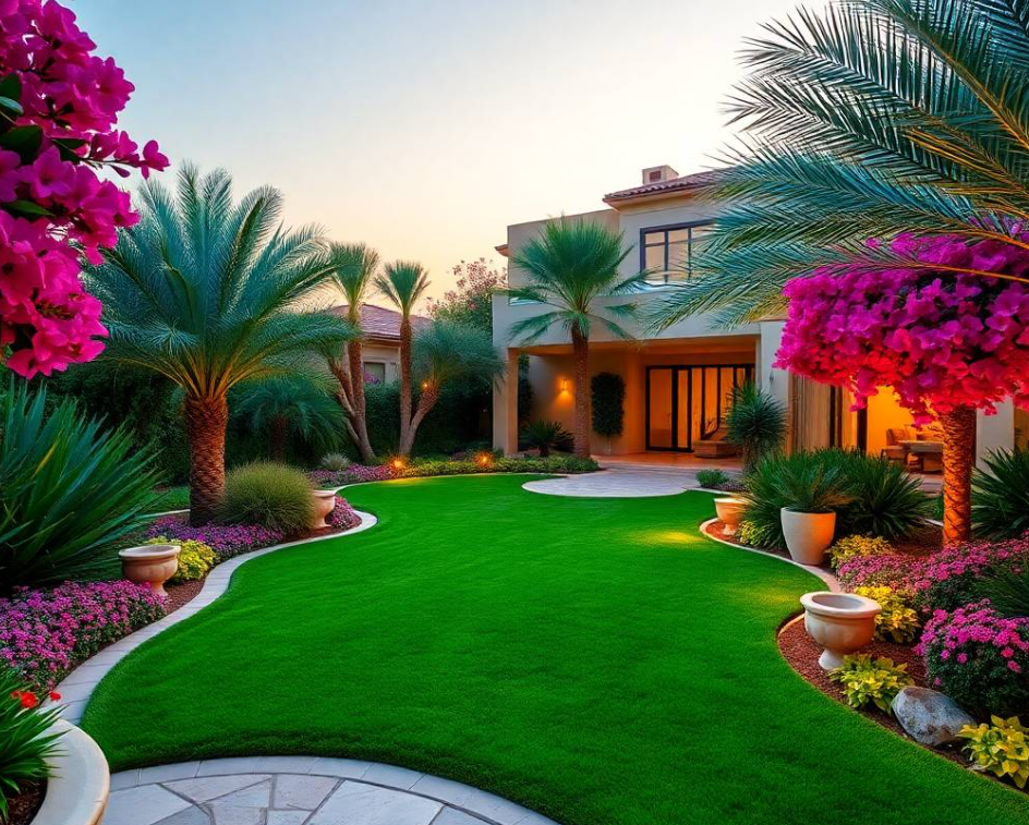 compact warm-white LED garden spotlight beside a landscaped planting bed at an upscale Abu Dhabi villa, using professional outdoor lighting equipment and a small hand tool, natural kneeling posture, focused expression, realistic Pakistani facial features, authentic skin pores, anatomically correct hands with exactly five fingers, detailed uniform stitching, realistic lighting fixture and wiring, lush ornamental grasses, flowering shrubs