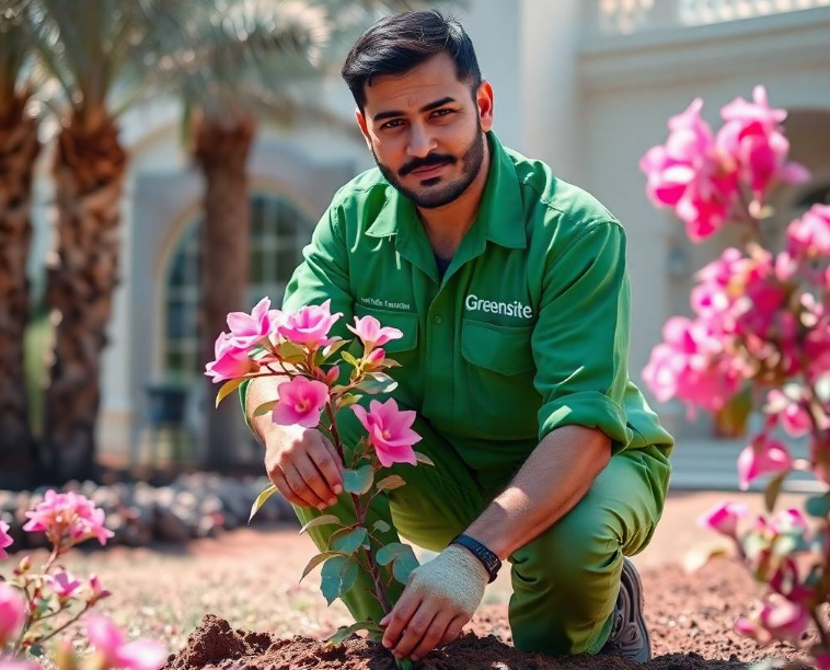 mature date palms softly visible behind him, elegant contemporary villa in background, gentle natural morning sunlight, professional landscaping advertisement photography, full-frame DSLR, 85mm lens, realistic depth of field, natural shadows, true-to-life colors