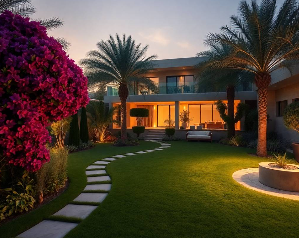 carefully inspecting and adjusting a drip irrigation emitter beside a low maintenance planting bed at an upscale Abu Dhabi villa, using professional irrigation tools, natural kneeling posture, focused expression, realistic Pakistani facial features, authentic skin pores, anatomically