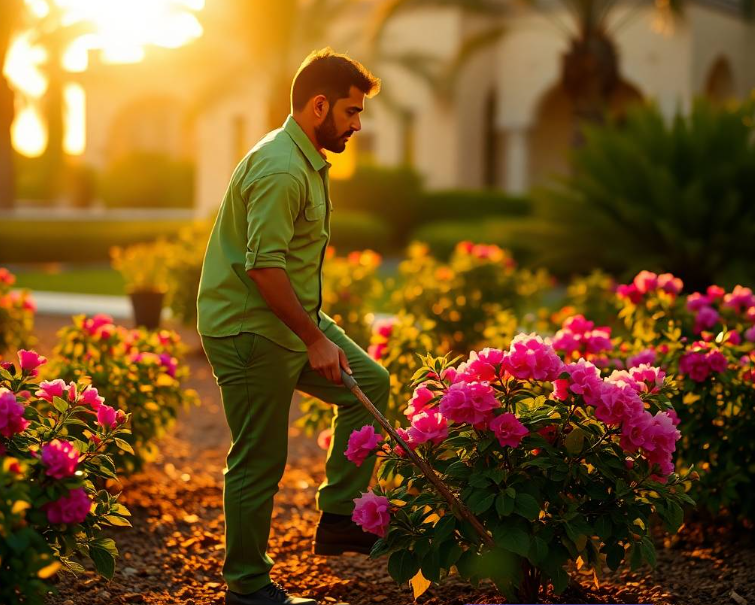professional landscaping advertisement photography, full-frame DSLR, 85mm lens, realistic depth of field, natural shadows, true-to-life colors, ultra-photorealistic, no cartoon, no CGI, no illustration, no distorted anatomy, no extra fingers, no artificial AI appearance.