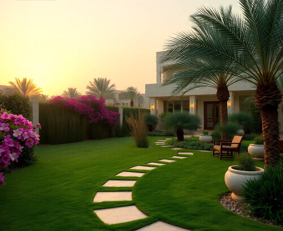 using professional gardening gloves and a hand trowel, natural kneeling posture, focused expression, realistic Pakistani facial features, authentic skin pores, anatomically correct hands with exactly five fingers, detailed uniform stitching, realistic gardening tools, sandy soil texture, healthy native shrubs, ornamental grasses, aloe vera and young desert
