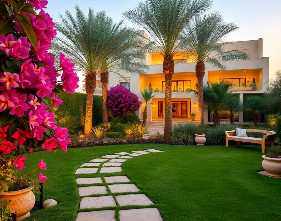 anatomically correct hands with exactly five fingers, detailed uniform stitching, realistic gardening tools, freshly prepared soil, vibrant flowering shrubs, ornamental grasses, young plants and healthy greenery surrounding him, newly restored stone pathway visible nearby, mature date palms and elegant contemporary villa softly blurred in background,