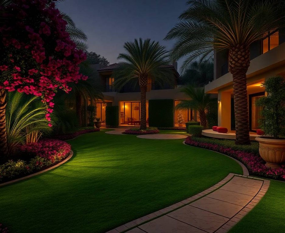 , focused expression, realistic Pakistani facial features, authentic skin pores, anatomically correct hands with exactly five fingers, detailed uniform stitching, realistic professional gardening tools, perfectly manicured lawn, flowering bougainvillea, premium