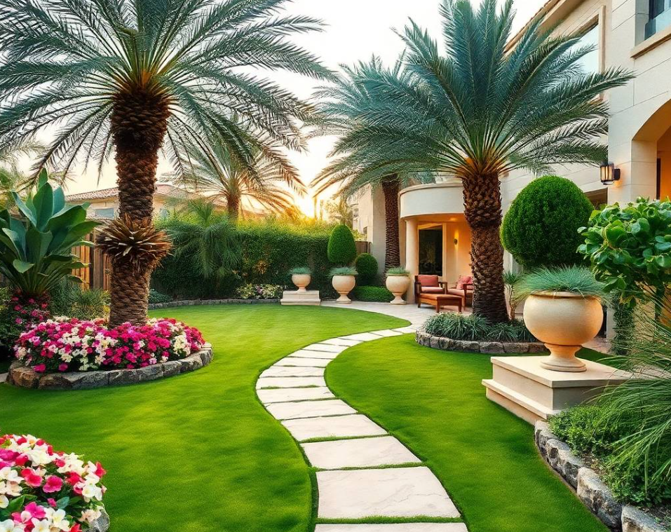 ornamental foliage beside a luxury swimming pool at an upscale Dubai villa, using professional gardening gloves and a hand trowel, natural kneeling posture, focused expression, realistic Pakistani facial features, authentic skin pores, anatomically correct hands with exactly five fingers, detailed uniform stitching, realistic gardening tools, fresh planting bed, flowering bougainvillea, ornamental grasses, mature date palms, manicured lawn,