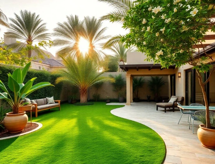 blurred in background, bright natural morning sunlight, professional landscaping advertisement photography, full-frame DSLR, 85mm lens, realistic depth of field, natural shadows, true-to-life colors, ultra-photorealistic, no cartoon, no CGI, no illustration, no distorted anatomy, no extra fingers, no artificial AI appearance.
