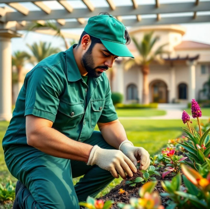 shears naturally with anatomically correct hands and exactly five fingers, focused realistic expression, authentic Pakistani facial features, visible natural skin pores, detailed uniform stitching, realistic gardening tools, healthy green foliage and delicate white flowers, elegant outdoor seating area with modern pergola softly visible behind