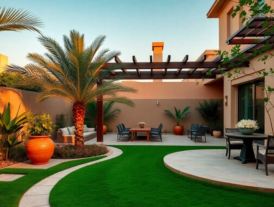realistic construction and landscaping tools, accurately aligned stone paving, compacted decorative gravel and raised planter beds surrounding the pathway, ornamental palms and lush greenery visible nearby, elegant contemporary villa softly blurred