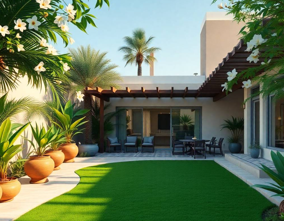 the garden, focused expression looking at the plant instead of the camera, realistic Pakistani facial features, authentic skin pores, anatomically correct hands with exactly five fingers, detailed uniform stitching, realistic gardening gloves and professional tools, decorative gravel beds, ornamental grasses, sculptural agave plants and healthy low maintenance shrubs surrounding him, clean manicured lawn visible nearby, modern Dubai villa