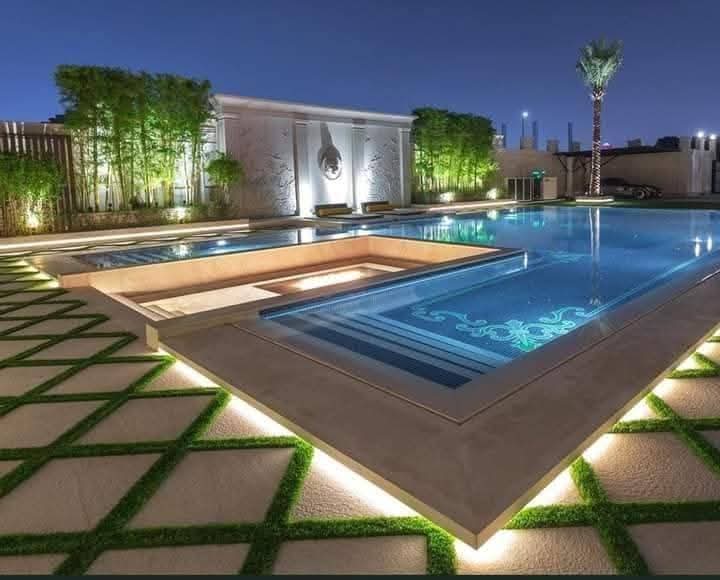 Luxury villa pool and outdoor lighting landscaping project
