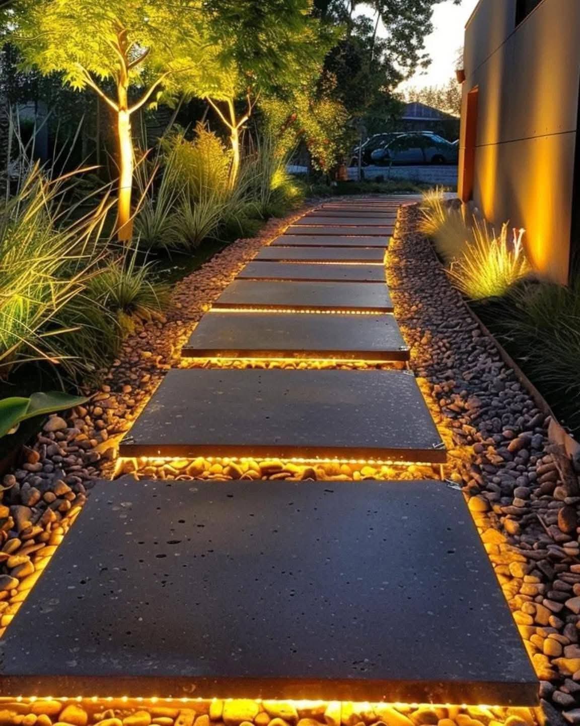 Modern garden pathway with lighting