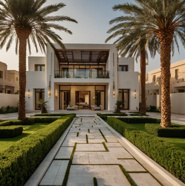 Beautiful villa garden with professional landscaping, lush lawns, and irrigation systems Abu Dhabi