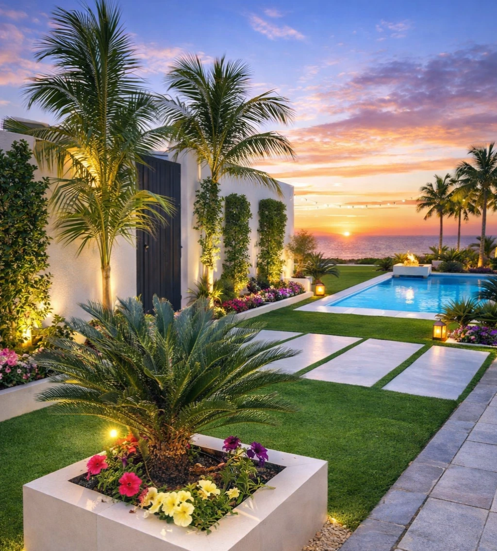 Luxury villa garden with lush plants, softscaping, and irrigation systems in Abu Dhabi reensite Landscaping provides expert softscaping and planting services in Abu Dhabi, including villa garden design, lawn installation, decorative plants, irrigation systems, and hardscaping integration, creating sustainable, low-maintenance, and visually stunning outdoor spaces for residential properties.