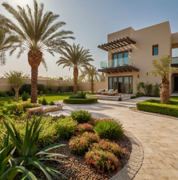 "Professional garden landscaping in Madinat Zayed, Abu Dhabi – enhancing residential and commercial properties with creative villa designs, irrigation systems, and desert-adapted plants."