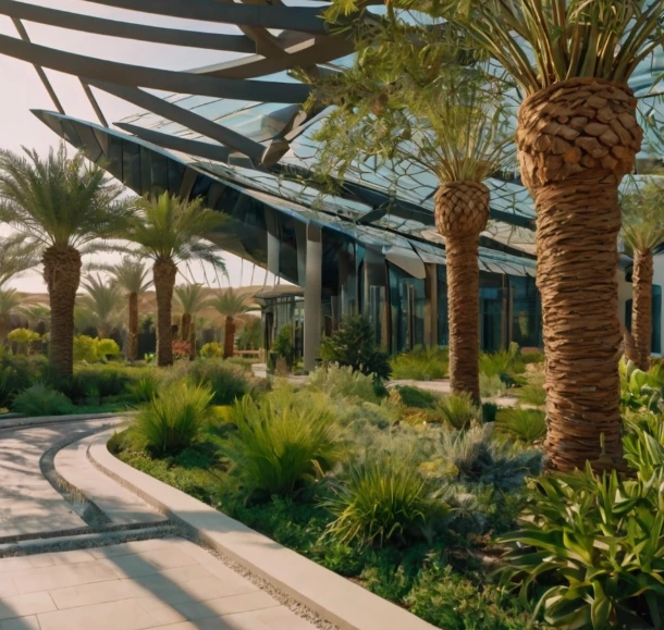 Professional landscaping and gardening in Masdar City Abu Dhabi by Greensite Landscaping. We provide sustainable garden design, irrigation systems, and villa landscaping services.
